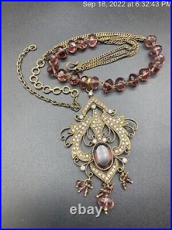 Antique Czech Glass Faceted Garnet Crystal Bezel Set Art Nouveau Choker Necklace