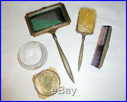 Antique Enameled Art Nouveau 5 pc Vanity Set Mirror Brush Comb Powder Jar