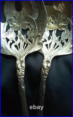 Antique FLORAL Repousse Art Nouveau Sterling SERVING SET Fork/Spoon Vtg 216g 10