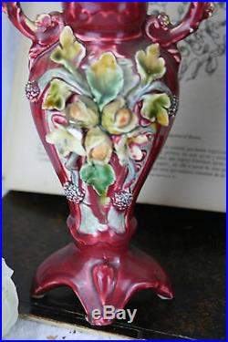 Antique French 1900 art nouveau Barbotine Majolica Vases Set center piece