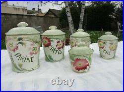 Antique French Art Nouveau Majolica Pancies Pattern Set 6 Spice Canisters Coffee
