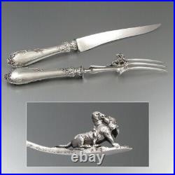 Antique French Art Nouveau Silver Clad Carving Set, Dog, Cattails, Duck Hunting