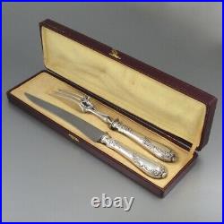 Antique French Art Nouveau Silver Clad Carving Set, Dog, Cattails, Duck Hunting