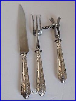 Antique French Art Nouveau Sterling Silver 3 pc. Carving Set with Gigot Holder