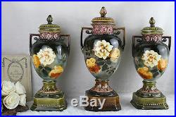 Antique French Art nouveau faience Vases set 1900 floral decor mantel garniture