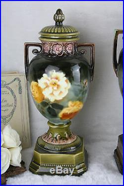 Antique French Art nouveau faience Vases set 1900 floral decor mantel garniture