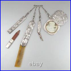 Antique French German Art Nouveau Silver Châtelaine Set Pencil Holder Knife Comb