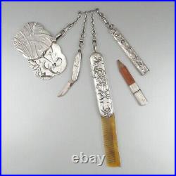 Antique French German Art Nouveau Silver Châtelaine Set Pencil Holder Knife Comb
