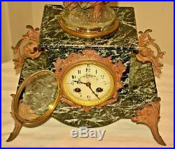 Antique French Moreau Figural Bronze Marble Chanson Mantel Clock Candelabra Set