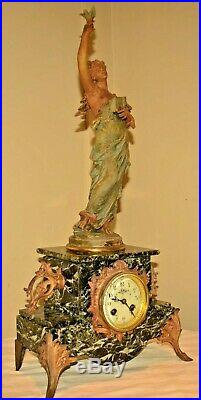 Antique French Moreau Figural Bronze Marble Chanson Mantel Clock Candelabra Set