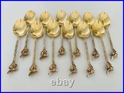 Antique French Set of 12 Sterling Silver Vermeil Spoons Art Nouveau Style 20th C