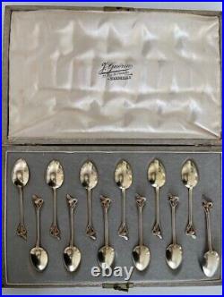 Antique French Set of 12 Sterling Silver Vermeil Spoons Art Nouveau Style 20th C