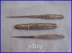 Antique French Solid Silver Sewing Set, Three Pieces, Iris Pattern, Art Nouveau