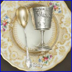 Antique French Sterling Silver Egg Cup & Spoon Breakfast Set Art Nouveau Flowers