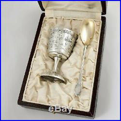 Antique French Sterling Silver Egg Cup & Spoon Breakfast Set Art Nouveau Flowers
