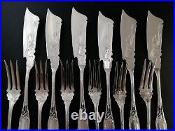 Antique French Sterling Silver Fish Set Flatware Art Nouveau Flower Forks Knives