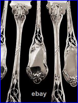 Antique French Sterling Silver Fish Set Flatware Art Nouveau Flower Forks Knives