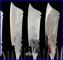 Antique French Sterling Silver Fish Set Flatware Art Nouveau Flower Forks Knives