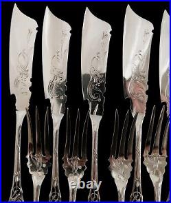 Antique French Sterling Silver Fish Set Flatware Art Nouveau Flower Forks Knives