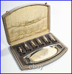 Antique German Art Nouveau Jugenstil. 800 Silver 6 Cordials & Tray Set in Box