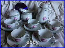 Antique Herend Coffee Tea Set Handpainted Purple Porcelain Saucer Lidded Sugar