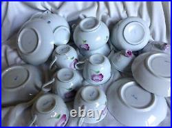 Antique Herend Coffee Tea Set Handpainted Purple Porcelain Saucer Lidded Sugar