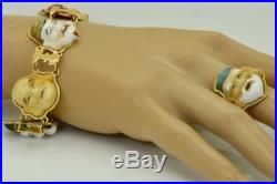 Antique Japanese Toshikane 7 lucky Gods 18k gold, porcelain bracelet&ring set. Box