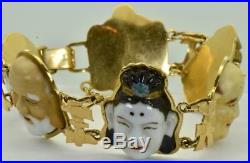 Antique Japanese Toshikane 7 lucky Gods 18k gold, porcelain bracelet&ring set. Box