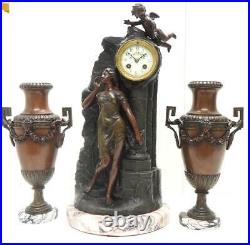 Antique Luxury Art French Nouveau Figural Mantel Clock Set 8 Day Striking 1895