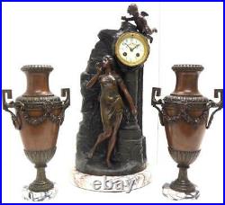 Antique Luxury Art French Nouveau Figural Mantel Clock Set 8 Day Striking 1895