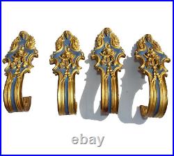 Antique Matching Set 4 FRENCH Curtain Tie Backs Flowers Gold & Blue Art Nouveau