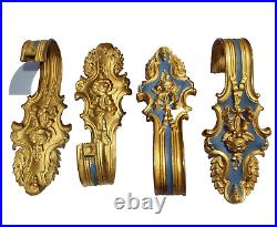 Antique Matching Set 4 FRENCH Curtain Tie Backs Flowers Gold & Blue Art Nouveau