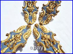 Antique Matching Set 4 FRENCH Curtain Tie Backs Flowers Gold & Blue Art Nouveau