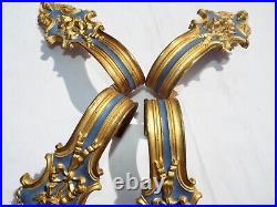 Antique Matching Set 4 FRENCH Curtain Tie Backs Flowers Gold & Blue Art Nouveau