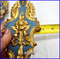 Antique Matching Set 4 FRENCH Curtain Tie Backs Flowers Gold & Blue Art Nouveau