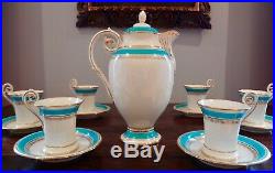 Antique Mintons Chocolate Set Teapot 6 Cups & 6 Saucers Blue & Gilt Spectacular
