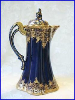Antique Nippon Chocolate Pot Set Cobalt Blue & Gold Encrusted Floral Moriage