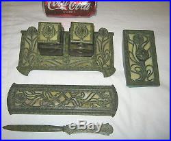 Antique Nouveau Arts Crafts Bradley Hubbard Bronze Inkwell Pen Tray Set Tiffany