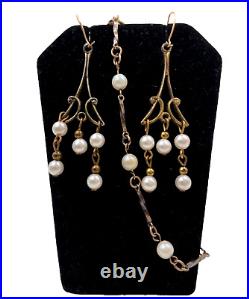 Antique Old Vintage Set Bracelet Earrings Art Nouveau Goldwash Brass Faux Pearls