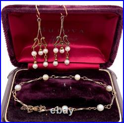 Antique Old Vintage Set Bracelet Earrings Art Nouveau Goldwash Brass Faux Pearls