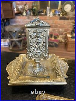 Antique Ornate Victorian Art Nouveau Solid Brass Desktop Set Lot, Germany