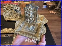 Antique Ornate Victorian Art Nouveau Solid Brass Desktop Set Lot, Germany