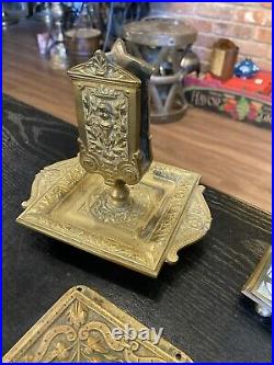 Antique Ornate Victorian Art Nouveau Solid Brass Desktop Set Lot, Germany