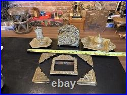 Antique Ornate Victorian Art Nouveau Solid Brass Desktop Set Lot, Germany