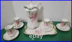 Antique Prussia Royal Vienna Art Nouveau Porcelain Chocolate Pot Cups Saucers