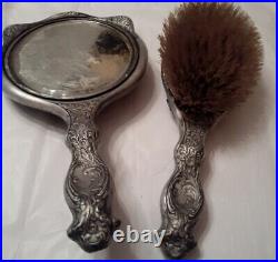 Antique Rare 1904 Art Nouveau Britannia Artistic Silver Mirror & Brush Set
