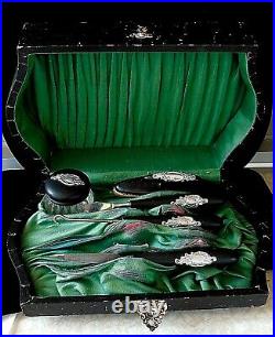 Antique Royal Artistic Art Nouveau Silver Ebony Satin Travel Manicure Boxed Set
