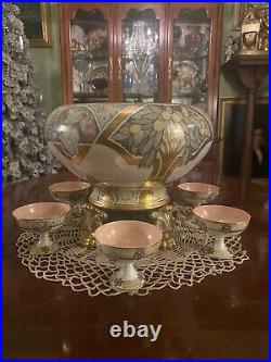 Antique Royal Austria Porcelain Punch Bowl Set-Centerpiece-Art Nouveau-Stunning