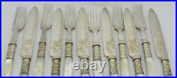 Antique Set 12 Mother Of Pearl Handle Solid Silver Collar Knives & Forks Hm 1903