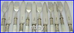 Antique Set 12 Mother Of Pearl Handle Solid Silver Collar Knives & Forks Hm 1903